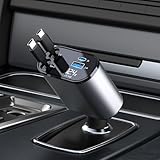 Thlevel Einziehbares Auto Ladegerät Zigarettenanzünder Adapter USB und Typ C 60W mit 2 Typ C Kabel Voltmeter LED Kompatibel mit iPhone Galaxy Huawei für 12V / 24V KFZ Wohnmobil Boot